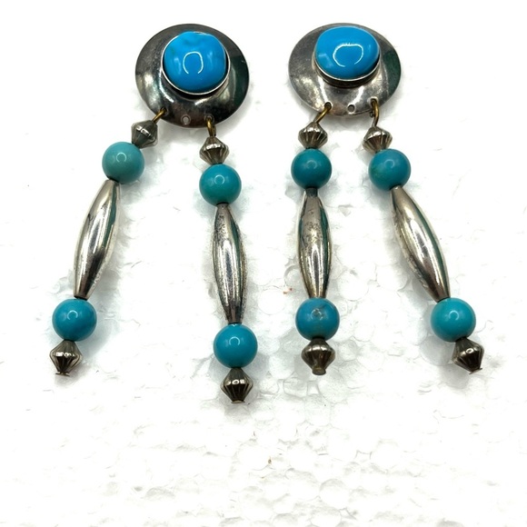 Sterling Silver 925 and Blue Turquoise Dangle Earrings Boho Southwest Earrings - Picture 4 of 9